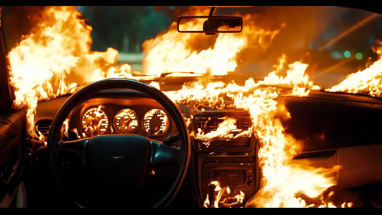 한 차가 차의 대시보드에 불꽃으로 싸여 있습니다.
