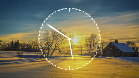 Timelapse,-Winter-Day,-Afternoon-to-Night,-Fast-Clock-Spinning-Motion-Graphics-on-Countryside-House-and-Snow-Capped-Fields