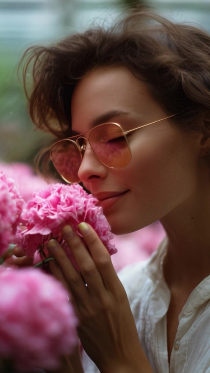 Bellezza Accattivante: Giovane Donna che si Gode la Fragranza di Fiori Rosa in un Lussureggiante Ambiente da Giardino, Evidenziando la Connessione con la Natura e la Serenità.