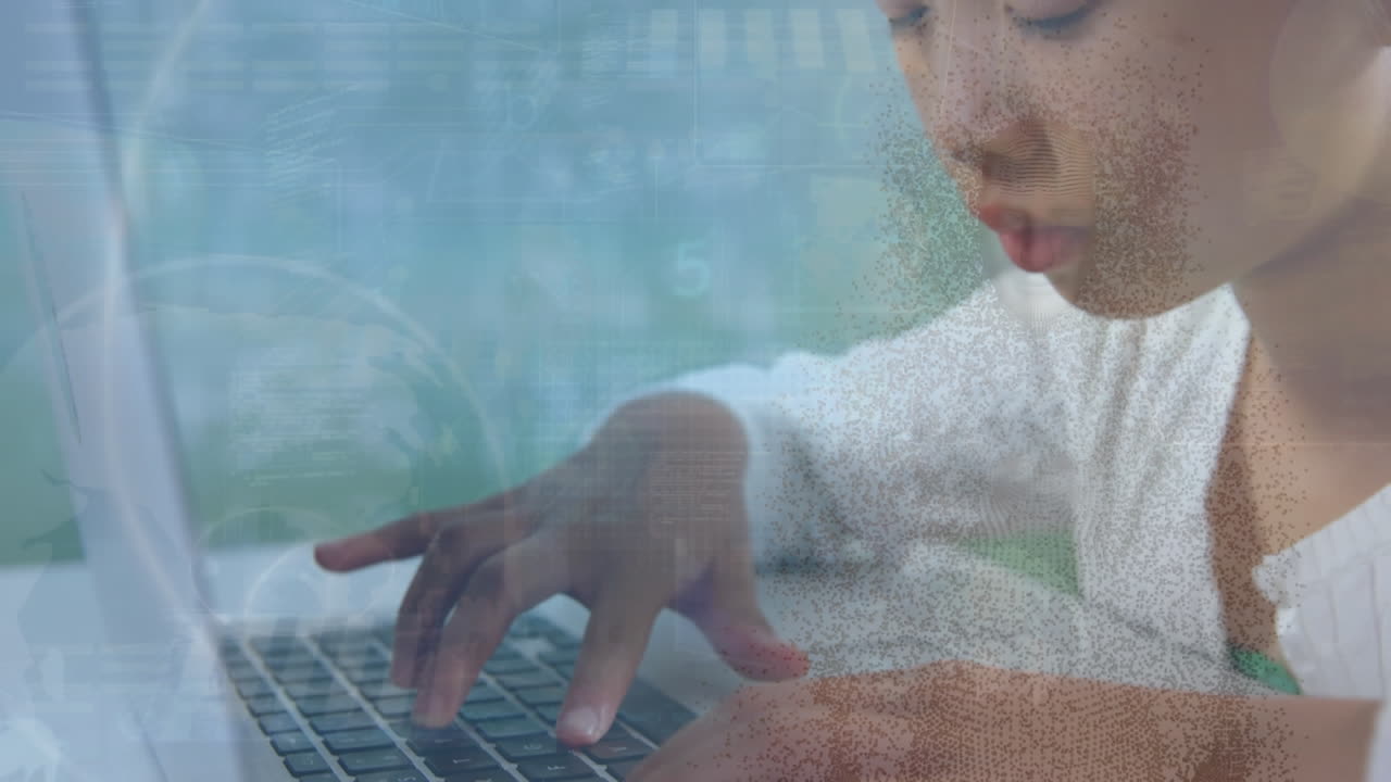 Animation of spinning globe and human body model over asian girl using laptop at school