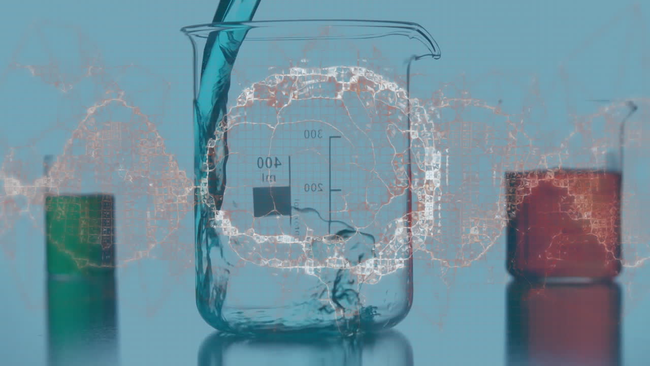그 위에 과학적 데이터 처리 애니메이션을 가진 컵에 액체를 부어 넣는 것
