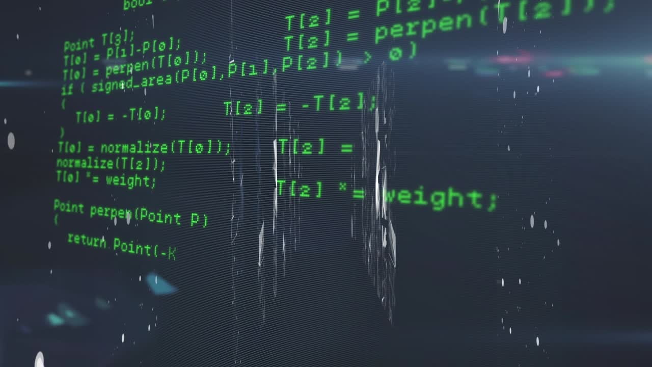 Animation of light trails over data processing on black background