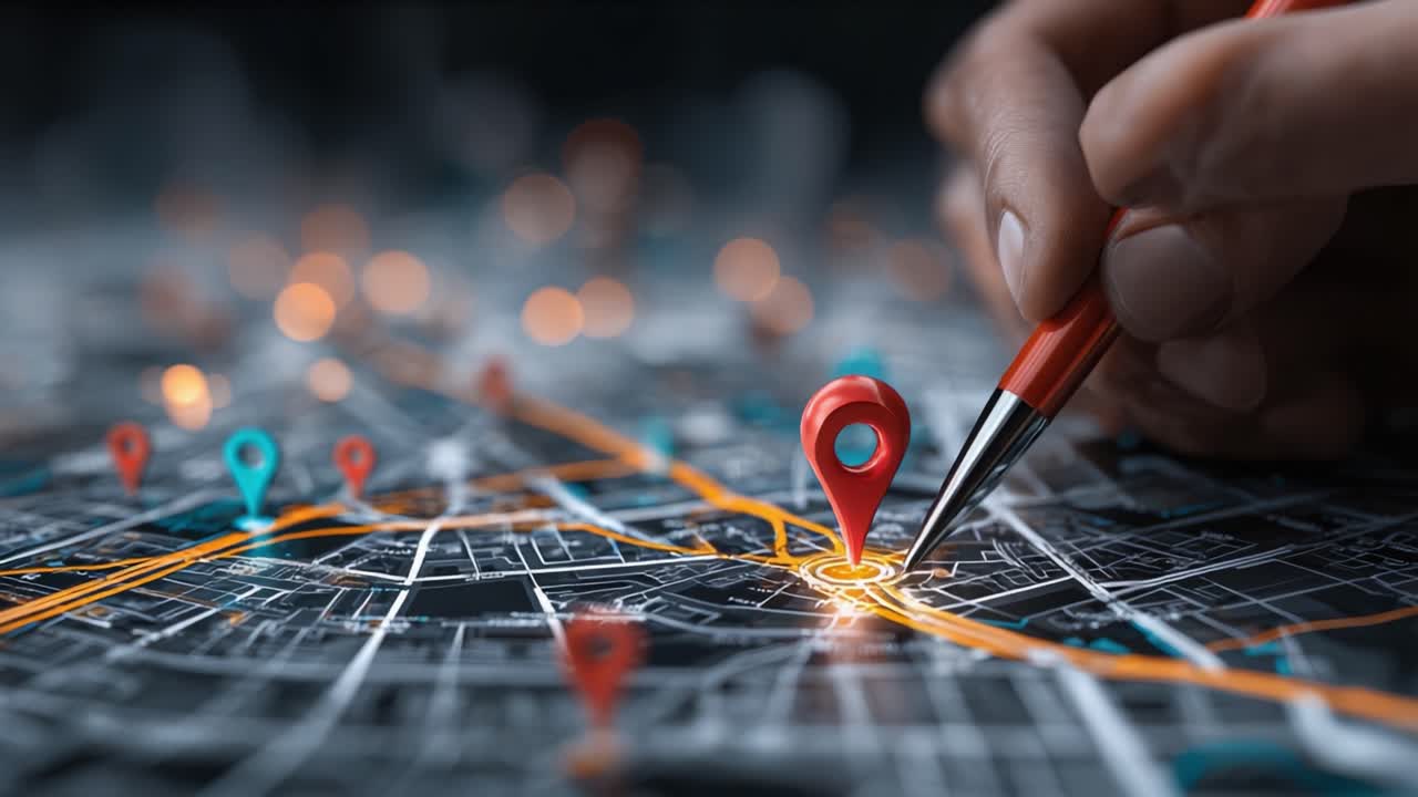 Exploring Geographic Coordinates: A Hand Pinpoints Location on a Detailed Map Highlighted with Colorful Markers and Illuminated Pathways