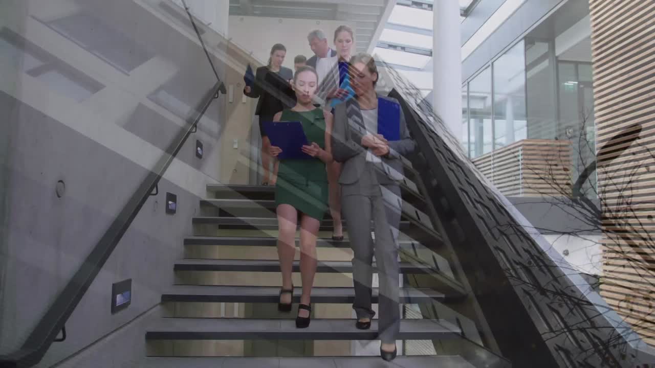 Animation af kontorbygning over forretningsfolk der taler på et moderne kontor