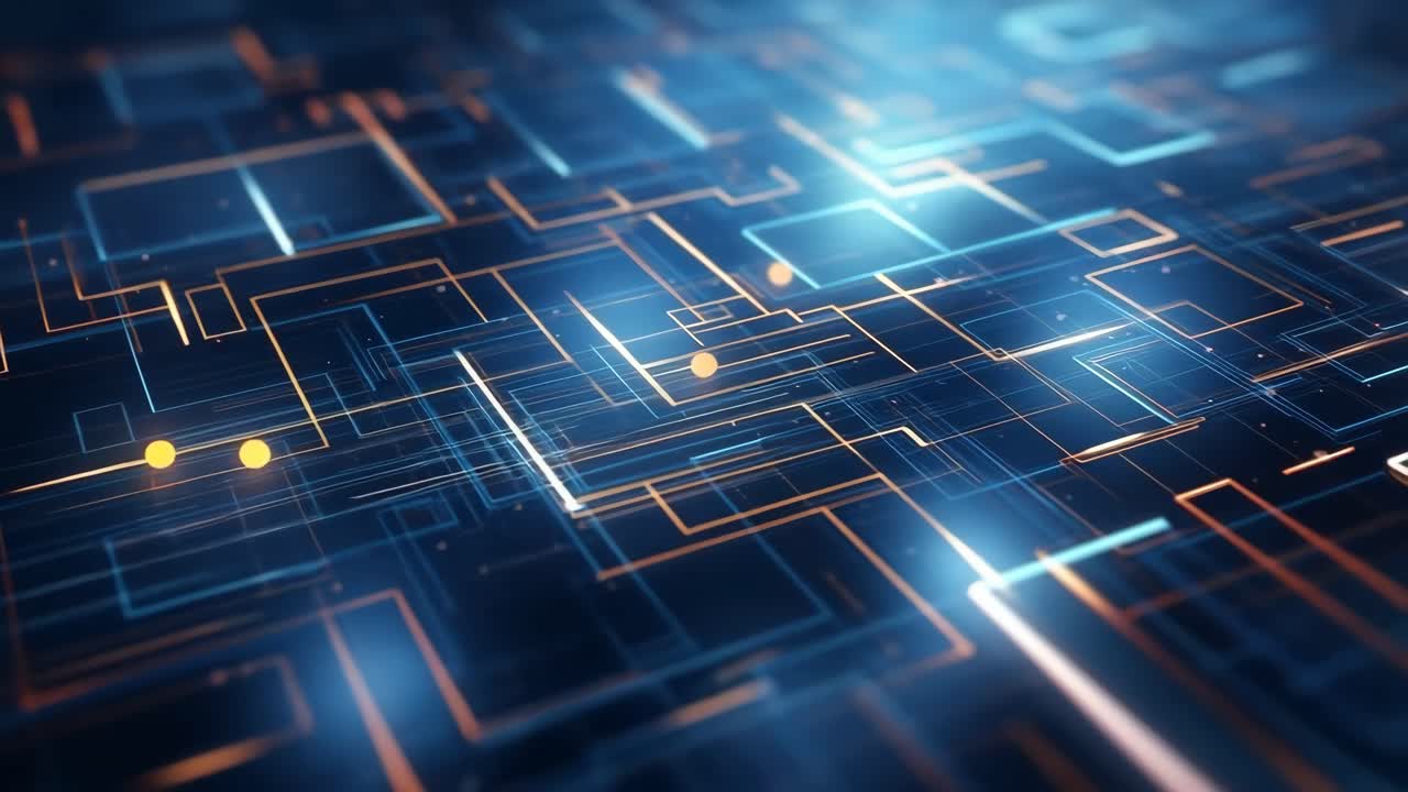 Futuristisk digitalt kretskort med glødende linjer, fanget fra et fugleperspektiv