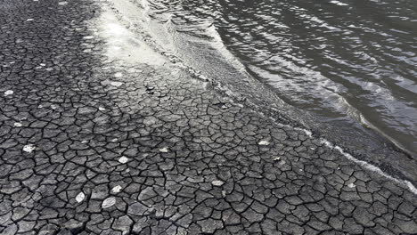 the cracked ground contrasts with the abundant water on the shores