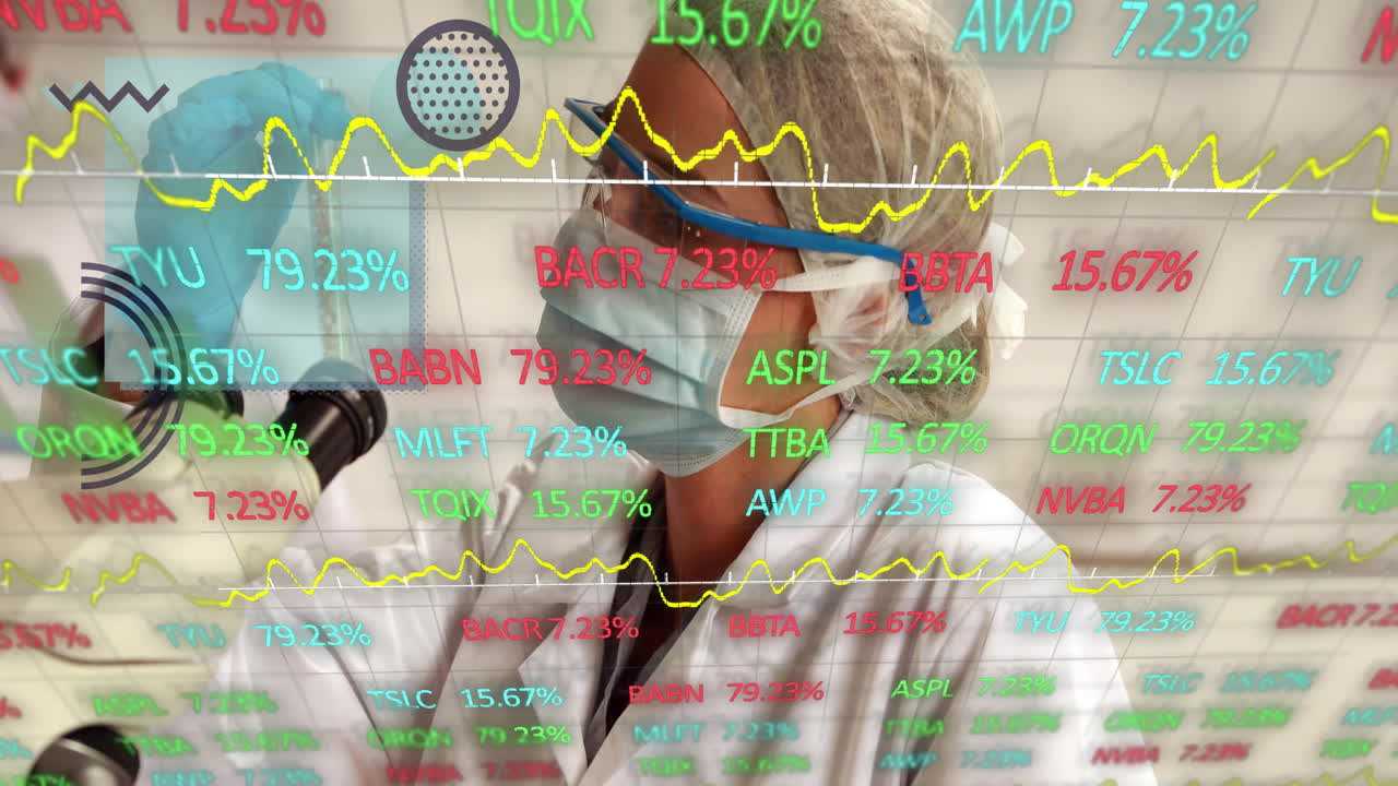Analyzing data with stock market graphs, scientist working in laboratory setting