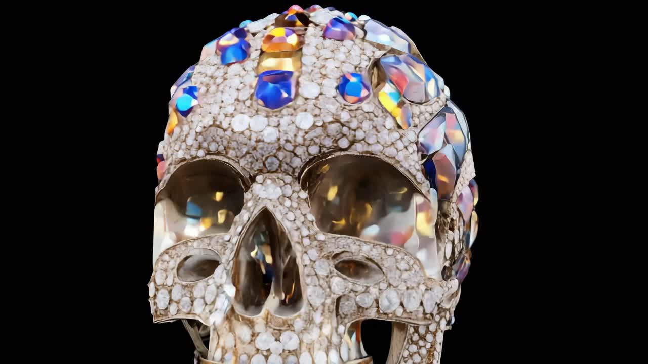 Human skull decorated with iridescent crystals and small white gemstones shining on a black background, representing luxury, death, and beauty
