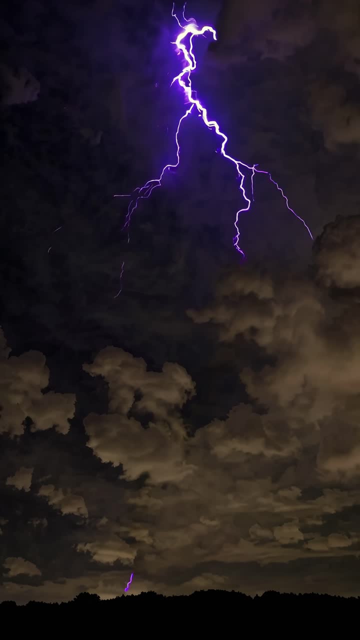 Dramatic low-angle shot of a vivid purple lightning storm, capturing the raw energy and power