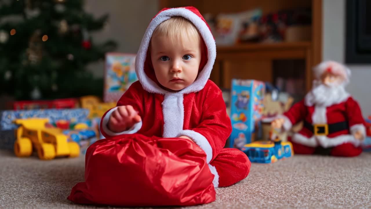 A Young Child Dressed as Santa Claus Enjoys Unwrapping Gifts in a Festively Decorated Room, Surrounded by Colorful Presents and a Traditional Christmas Tree