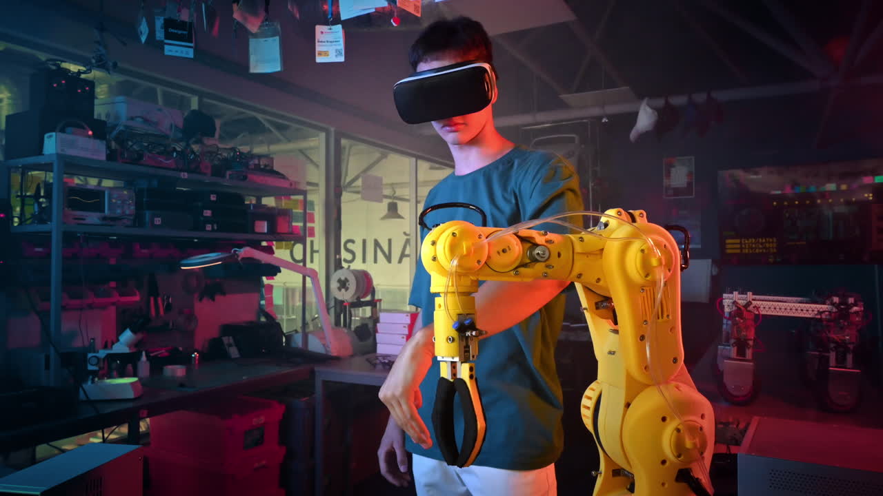 Teen doing experiments in robotics in a laboratory. Boy in VR headset controlling the robot using hand. Red and blue illumination. Slow motion