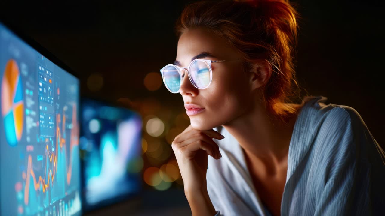 Contemplative young woman with glasses gazes thoughtfully at digital data on a computer screen, immersed in analysis and reflection as colorful lights illuminate the room