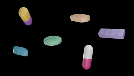 animation of floating pills on black background