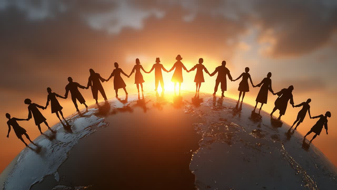 A Unified Global Community: People Holding Hands Across the Globe at Sunset, Symbolizing Unity, Strength, and Hope for a Brighter Future