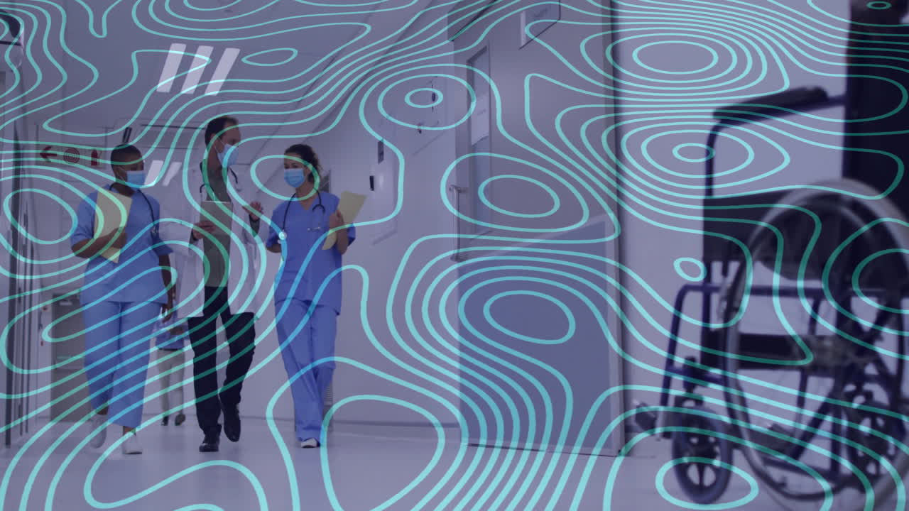 Medical team walking hospital hallway, holding patient files, featuring animating stethoscope icon