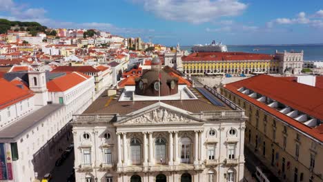 exterior facade of lisbon city hall in neoclassical style. lisbon, portugal. aerial descending approach