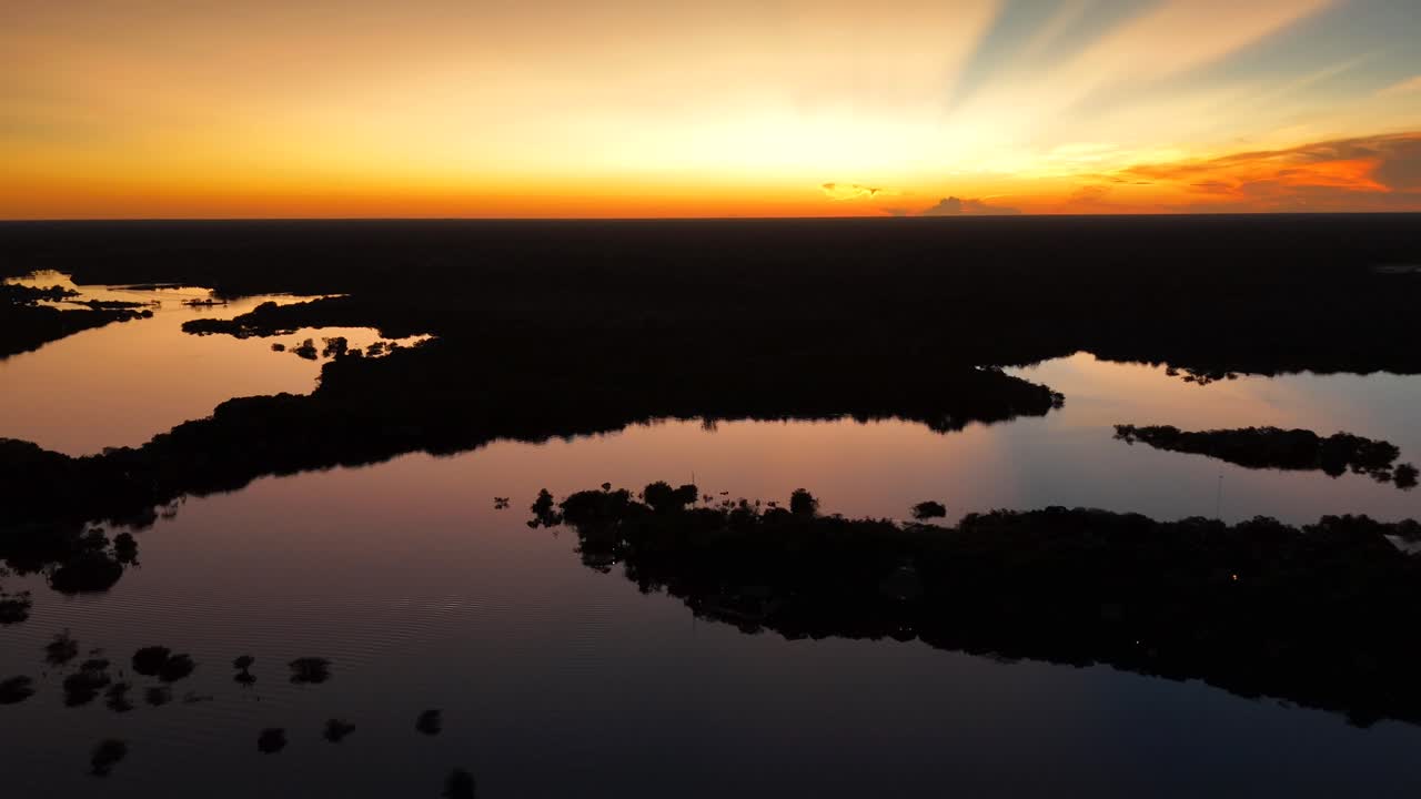 놀라운 공중 촬영은 황금색으로 여있는 해가 뜨는 아마존 정글을 포착합니다.