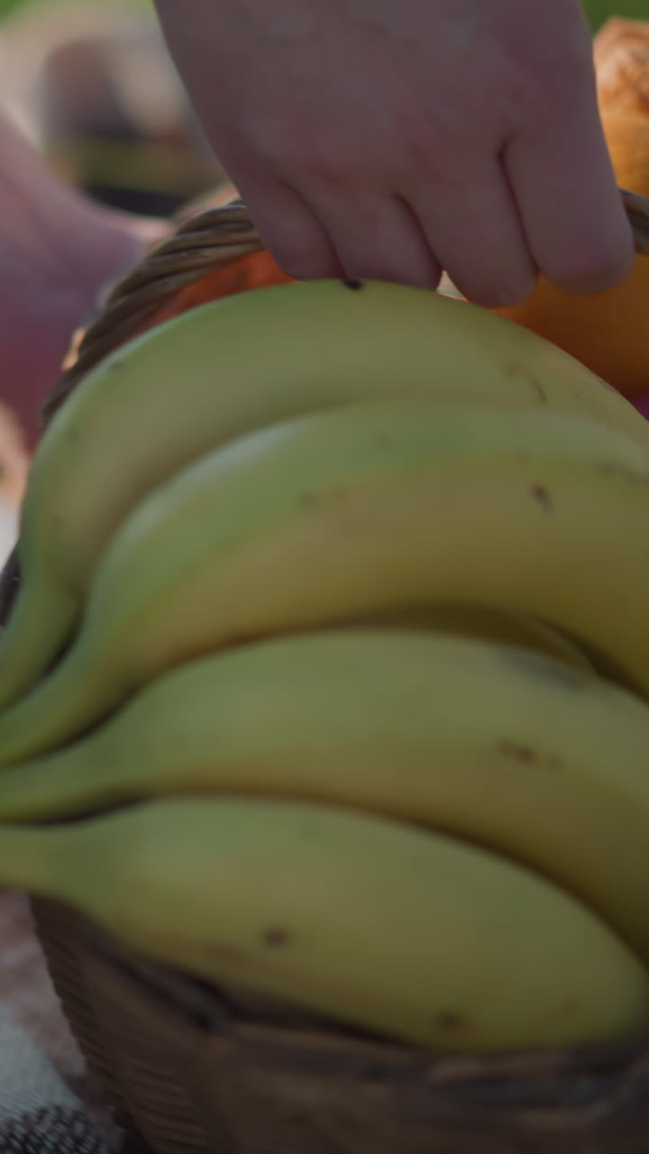 una toma de primer plano de la mano de una mujer, con un vestido azul fluido, mientras se inclina para colocar una canasta llena de plátanos, manzanas y otras frutas en una manta de picnic a cuadros en un campo cubierto de hierba