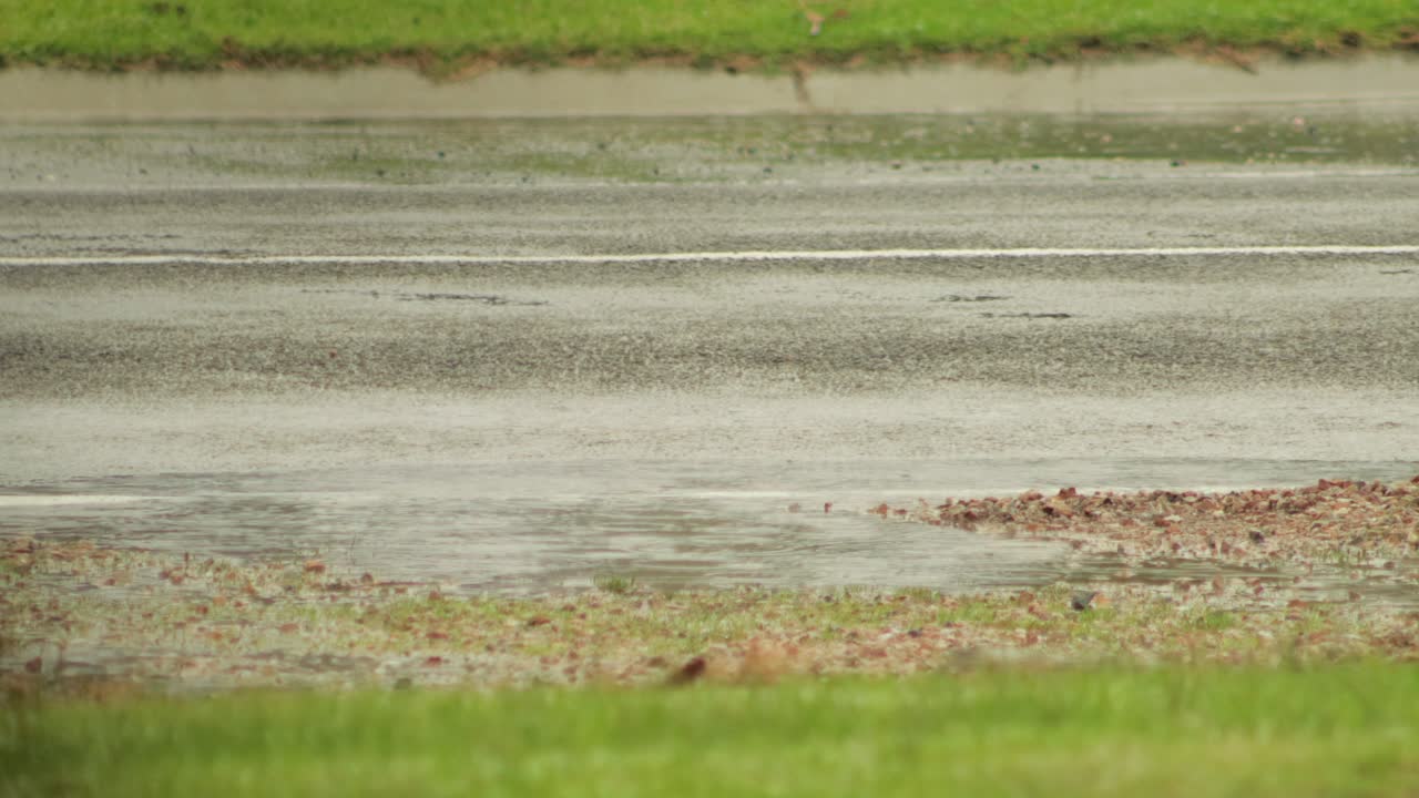 Road Starting To Flood From Heavy Rain, Big Puddles, Bad Weather Overcast Daytime, Maffra, Gippsland, Victoria, Australia
