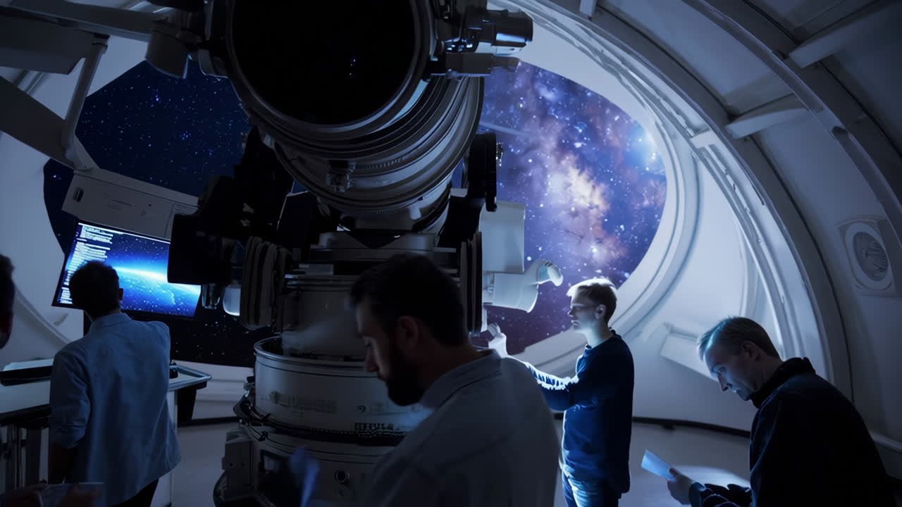 Astronomers working on a telescope