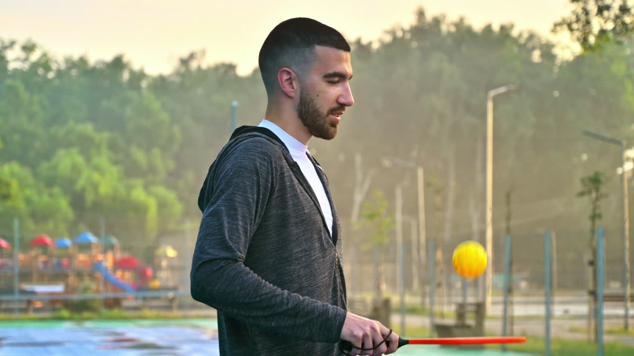 Man in zip up hoodie playing pickleball with a red racket at sunrise, after rain
