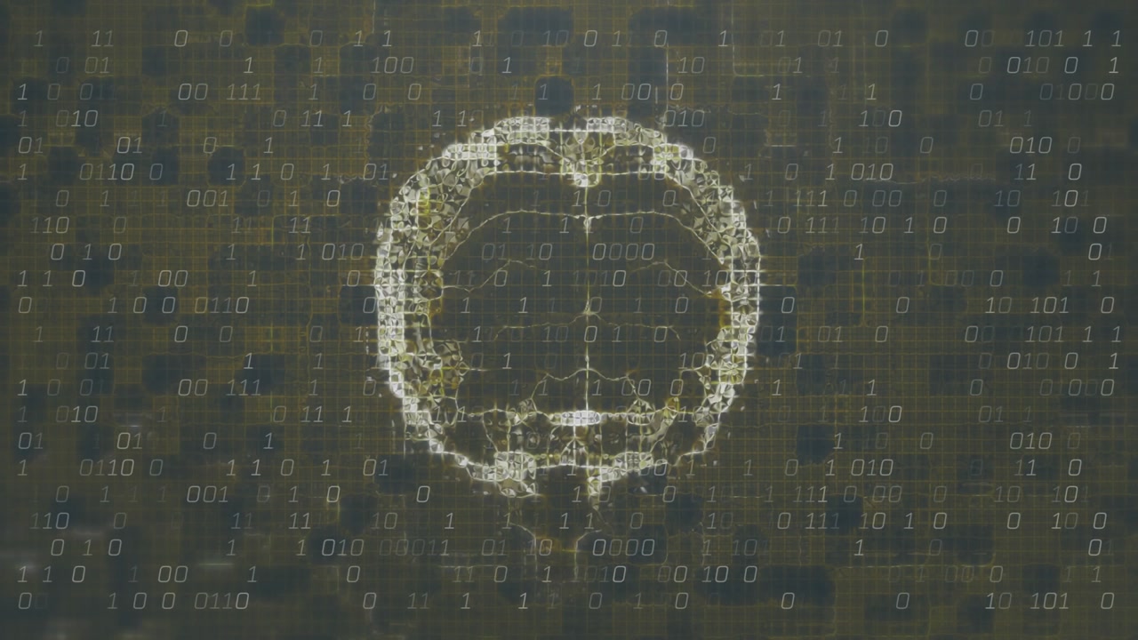 Binary digits converging into glowing brain, circuits pulsing and rotating, visualizing data flow