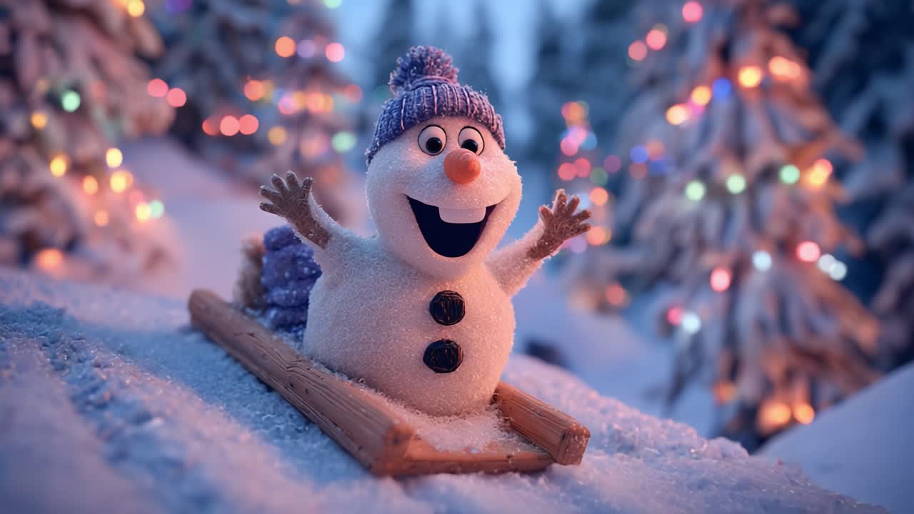 Delightful Snowman Sliding Joyfully on a Sled Through a Winter Wonderland, Surrounded by Colorful Twinkling Lights and Snowy Trees, Capturing the Essence of Playful Winter Adventures