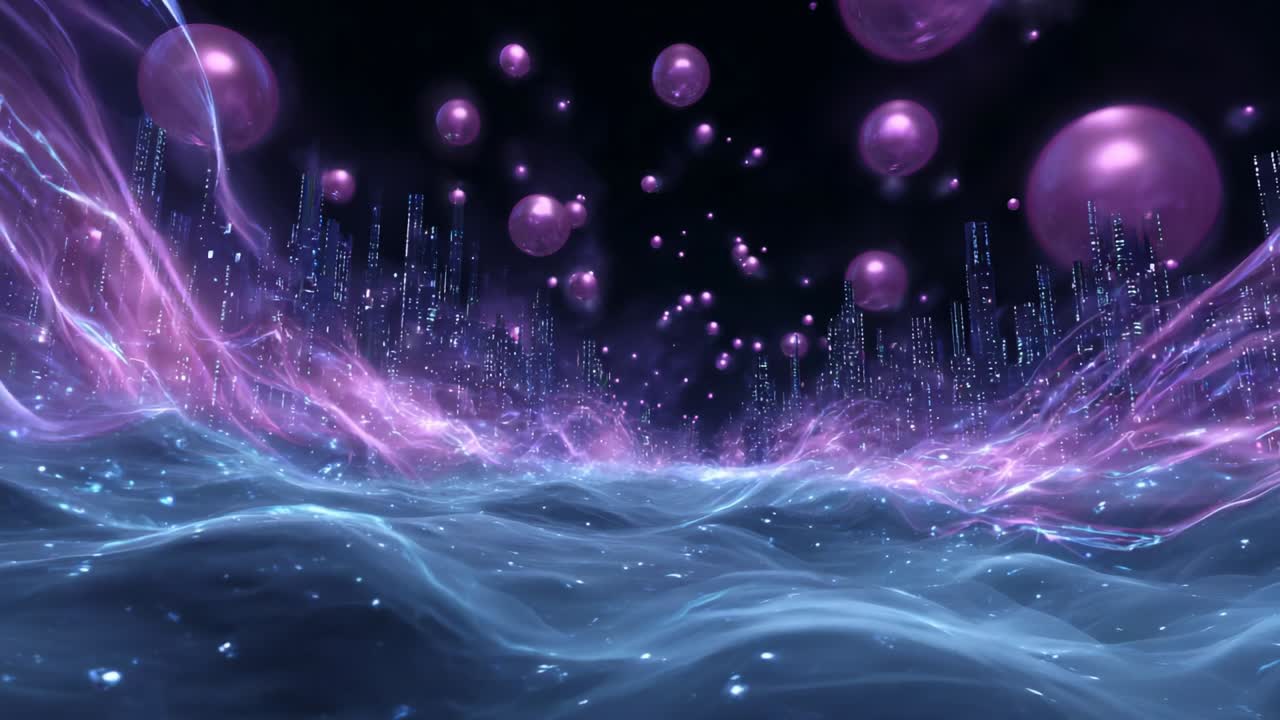 A mesmerizing visual journey through a vibrant digital landscape featuring floating spheres and ethereal waves, creating an enchanting atmosphere that blurs the line between reality and imagination