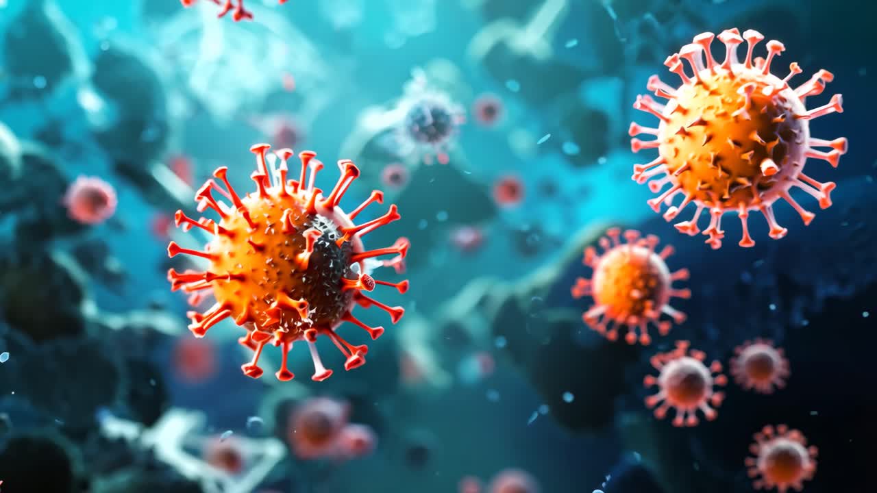 A close up of a virus with red and white spots. The virus is surrounded by water droplets