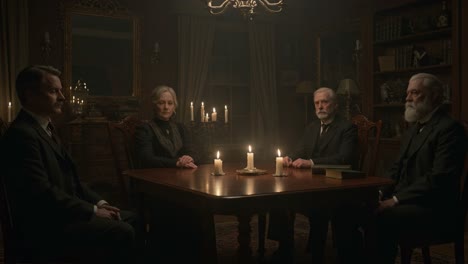 a mysterious gathering in candlelight: an intense meeting among four individuals in a dimly lit room filled with eerie atmosphere and suspenseful tension