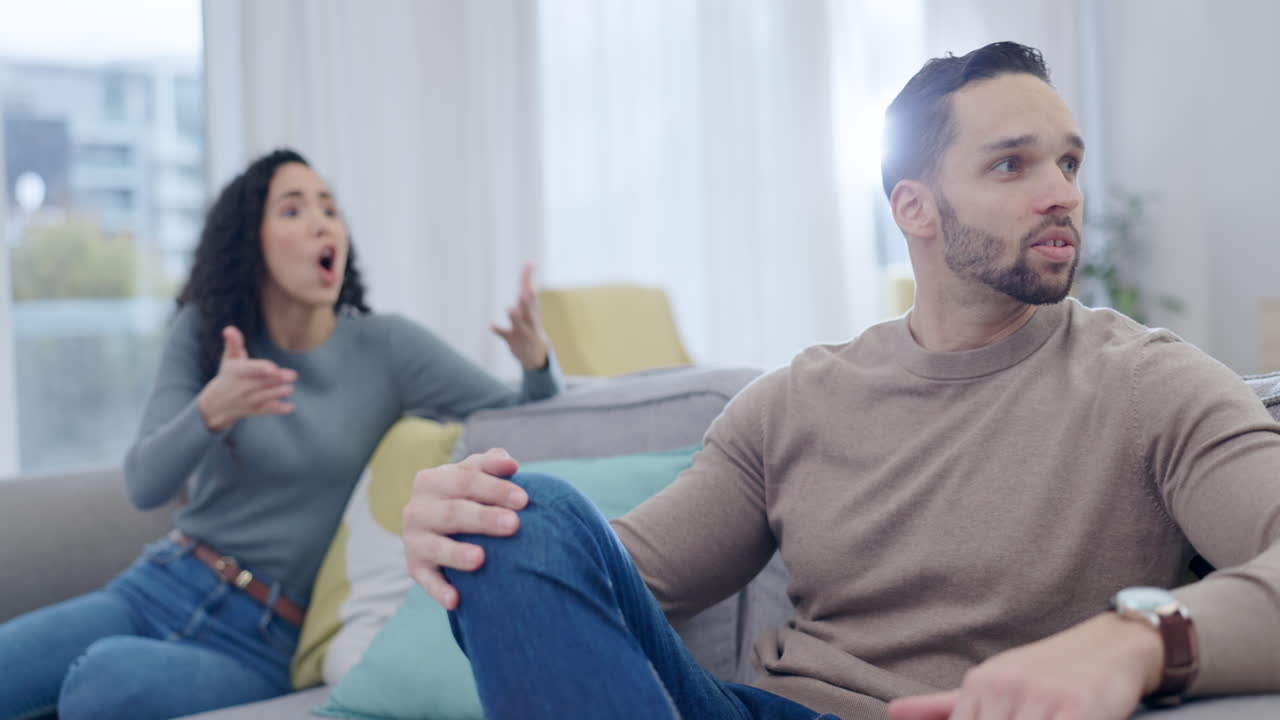 Fight, divorce or angry couple argue with stress
