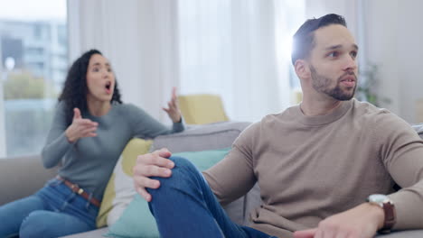 fight, divorce or angry couple argue with stress