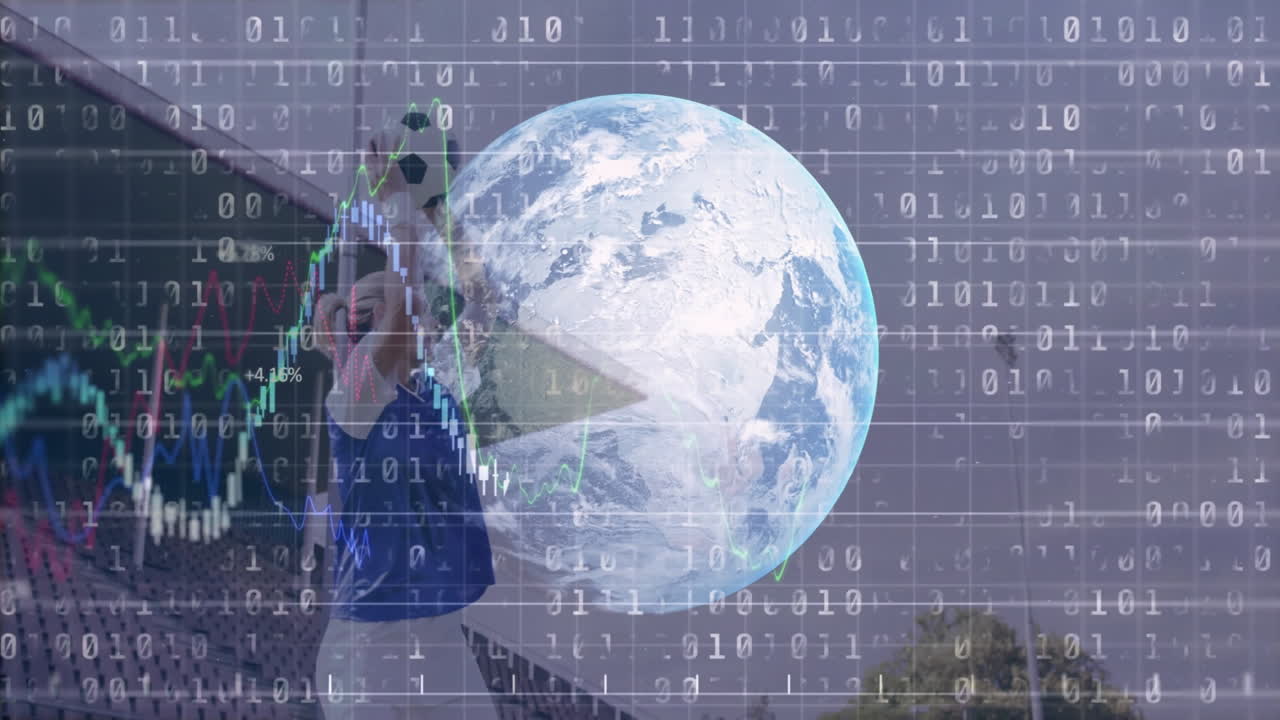 Animation of Earth with financial data overlaying business people outside in park