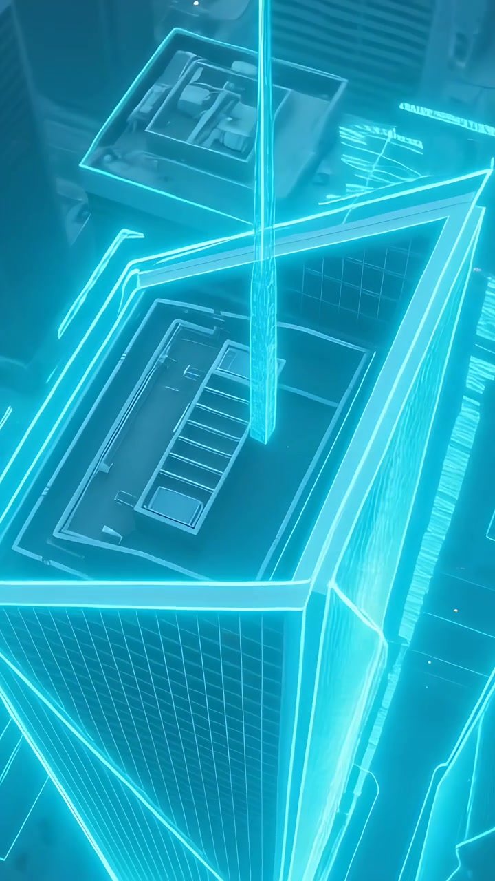 Vertical video: Orbiting camera revealing neon triangle roof downtown HVAC visible spire aligning