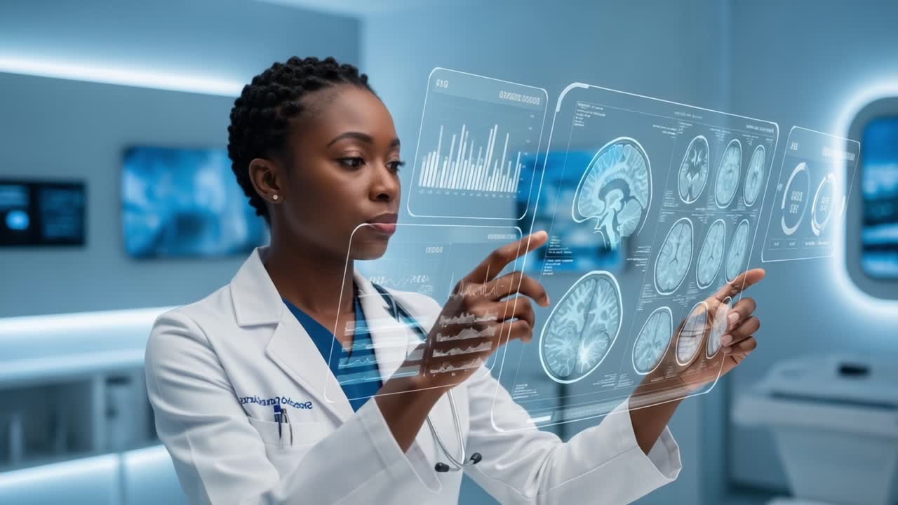 A dedicated medical professional analyzes advanced brain imaging data using holographic technology, demonstrating the intersection of healthcare and innovation in a modern facility