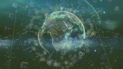animación de iconos, red de conexiones y globo que gira en espacio verde