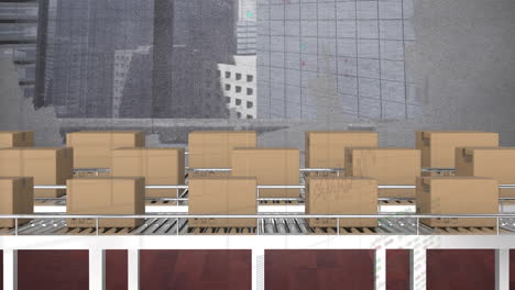 animación del procesamiento de datos financieros sobre cajas en cintas transportadoras y paisaje urbano