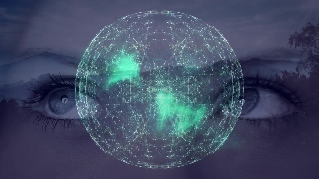 Animation of connections and globe over eye of caucasian woman