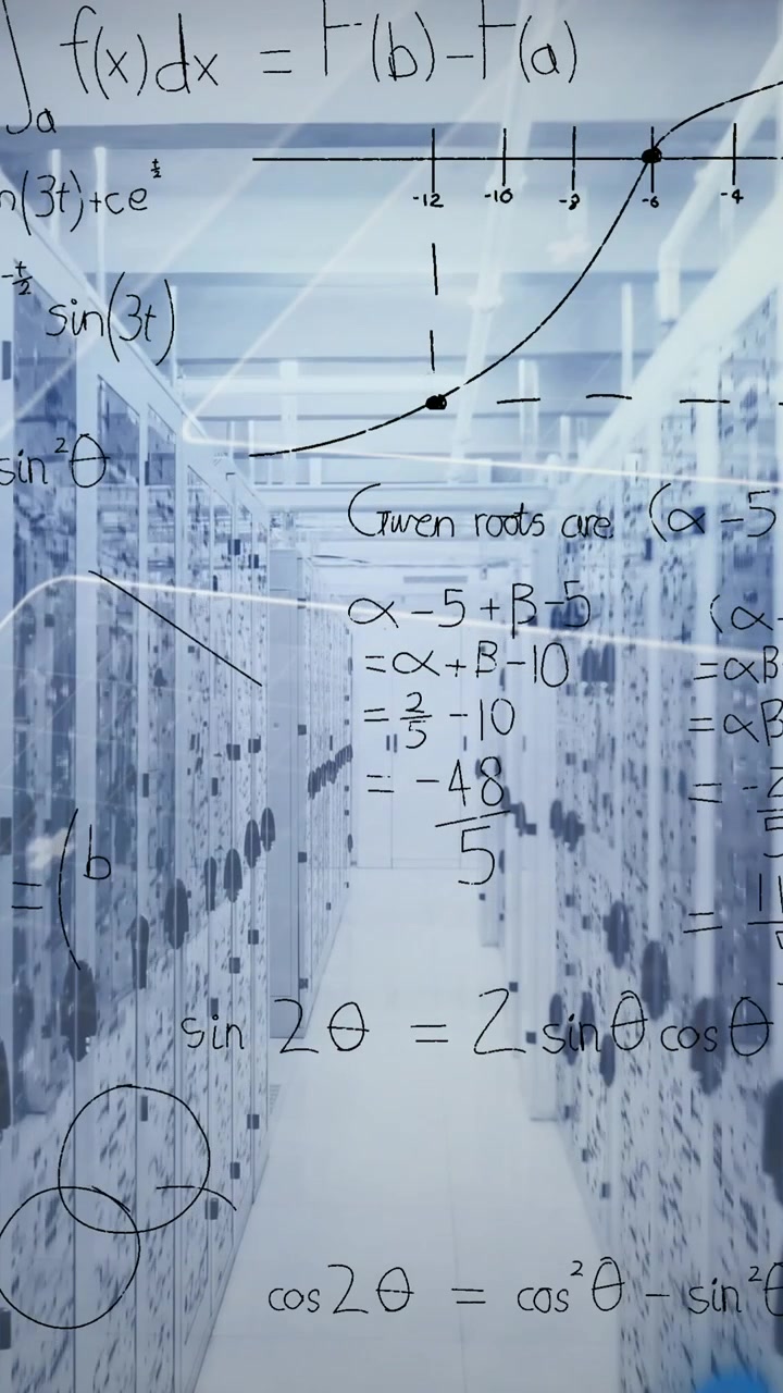 Animation of mathematical equations and data processing against computer server room