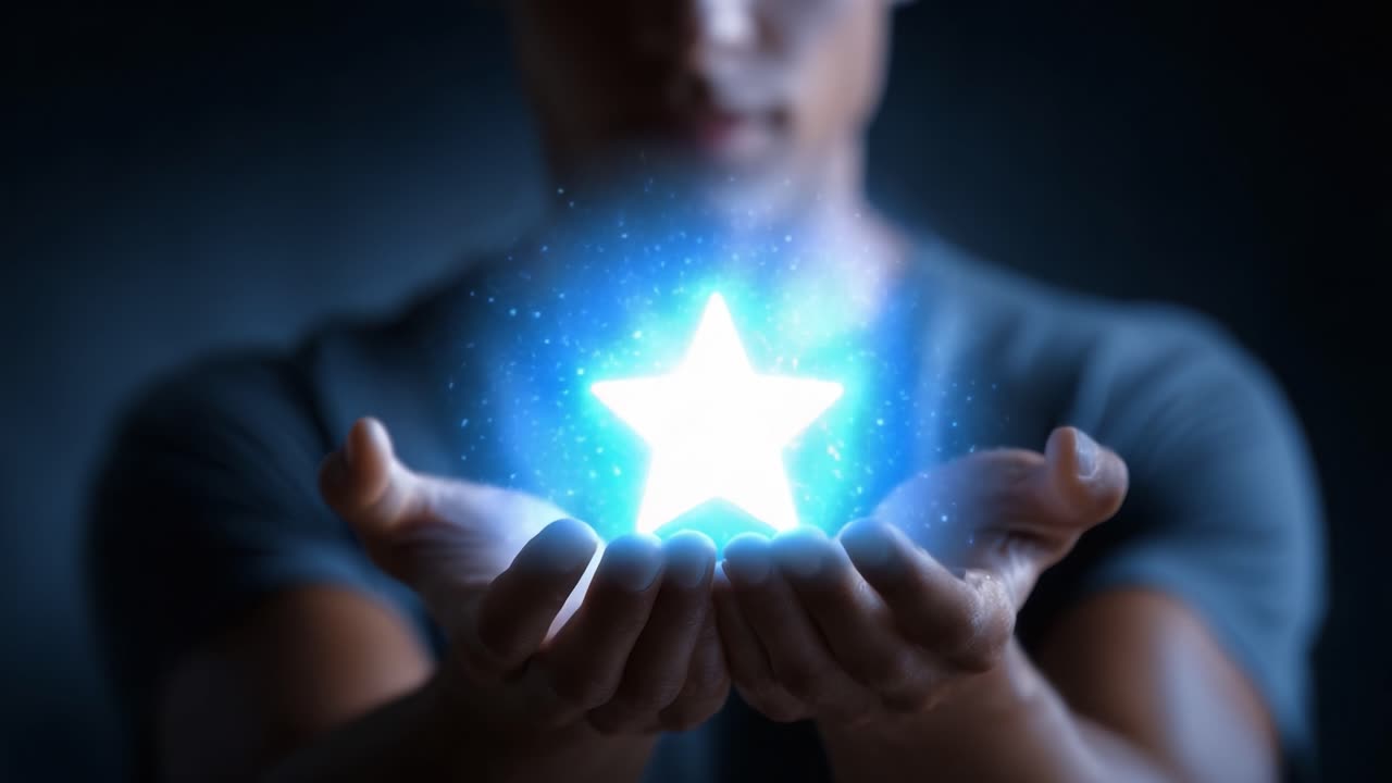 Una persona manifesta energia luminosa nelle mani su uno sfondo scuro, illustrando il concetto di potere e potenziale attraverso un'esperienza visiva accattivante