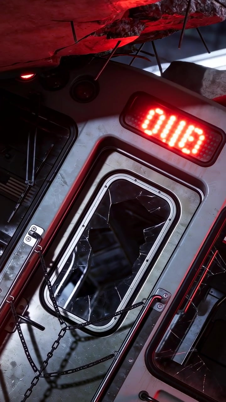 Vertical video: Rotating camera showing tilted subway door in tunnel, cracked window, chains, LED