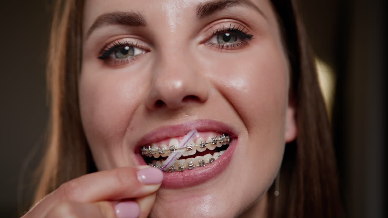 Woman Cleaning Teeth with Braces