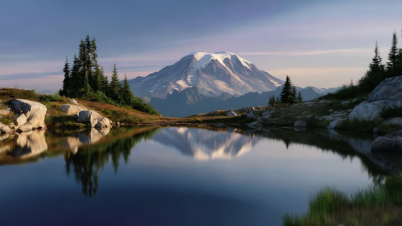 Majestic Mountain Landscape at Dusk Reflecting on Still Water: A Serene View of Nature’s Beauty with Pine Trees and Breathtaking Peaks Captured in Twilight