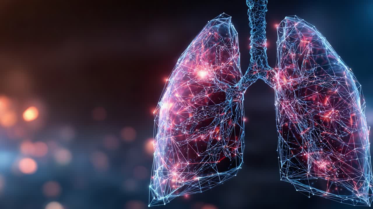 Una visualizzazione straordinaria dei polmoni umani in un formato digitale high-tech, che evidenzia l'intricata rete di vasi e tessuti che risplendono di colori vivaci ed energia