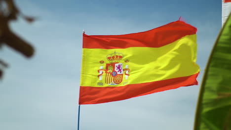 Bandera-De-España-Ondeando-En-Cámara-Lenta-Con-Hojas-De-Palmera-En-Primer-Plano