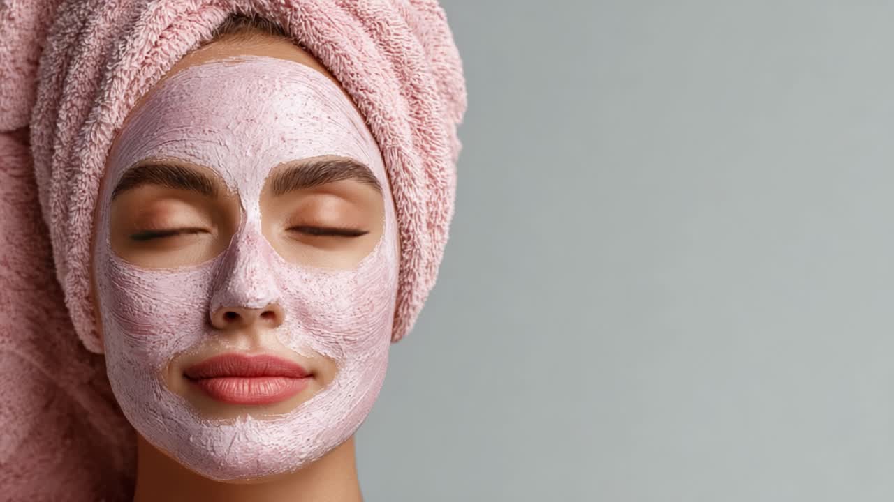Relaksasi dan Perawatan Diri: Seorang Wanita Menikmati Perawatan Masker Wajah dengan Handuk Merah Muda Lembut Melilit Rambutnya sambil Menikmati Suasana Tenang dan Damai