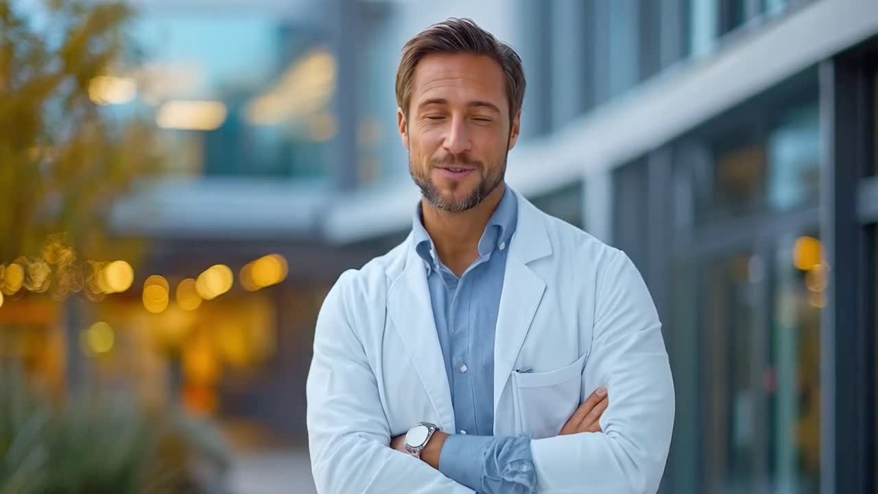 Porträt eines selbstbewussten männlichen Arztes im Laborkittel