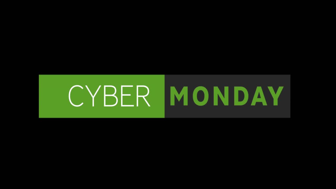 texto blanco y verde de cyber monday que aparece contra una pantalla negra