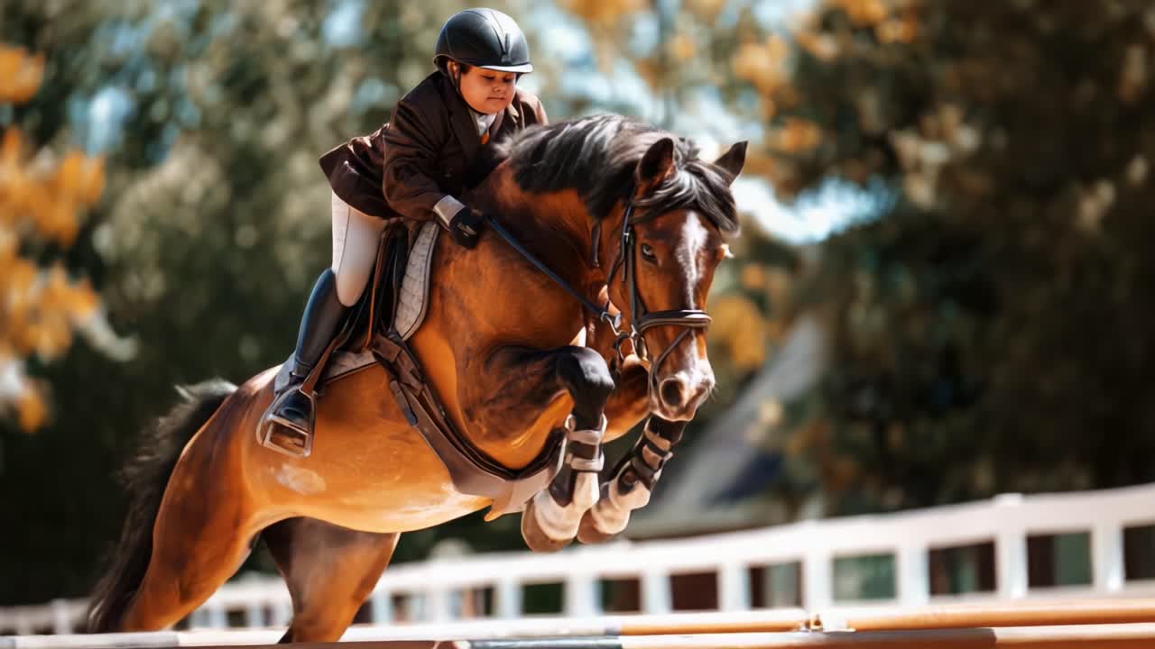 Una giovane amazzone guida abilmente il suo cavallo durante un salto, mettendo in mostra il loro legame e l'addestramento in un'esilarante dimostrazione di equitazione e atletismo su uno sfondo vivace.