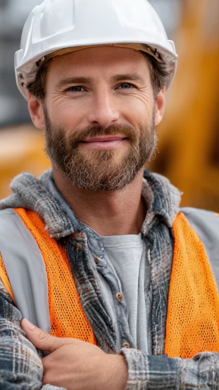A Confident Construction Worker Smiling Under a Safety Helmet, Emphasizing Safety and Professionalism on the Worksite with a Friendly and Approachable Expression